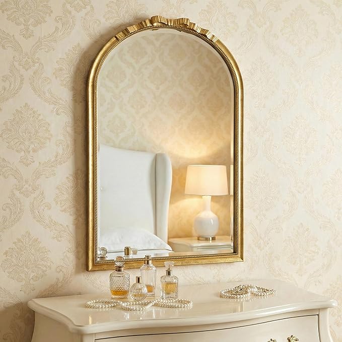 Vintage Arched Gold Carved Bow Wall Mirror - 24''x39''Champagne Gold Large Baroque Wall-Mounted Mirror - Twisted Rope Metal Frame - Antique French Ornate Mirror for Entryway/Hallway/Bathroom