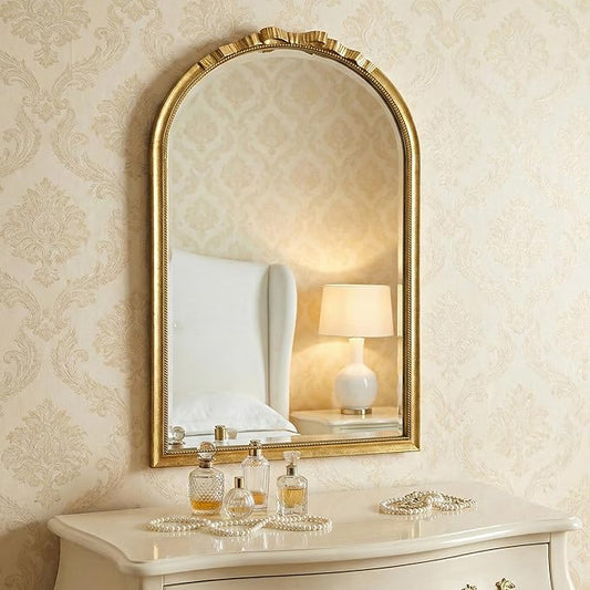 Vintage Arched Gold Carved Bow Wall Mirror - 24''x39''Champagne Gold Large Baroque Wall-Mounted Mirror - Twisted Rope Metal Frame - Antique French Ornate Mirror for Entryway/Hallway/Bathroom