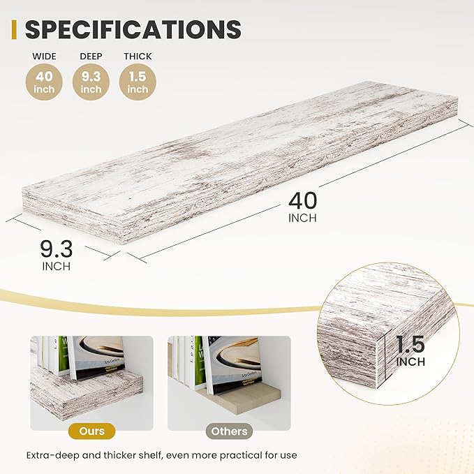 40 Inch Floating Shelves, 9.3" Deep Floating Shelf Wall Mounted, 40" Wall Shelves, Rustic Deep Bookshelf, Large Display Shelves & Storage Shelves for Bedroom, Living Room, Rustic, Set of 2