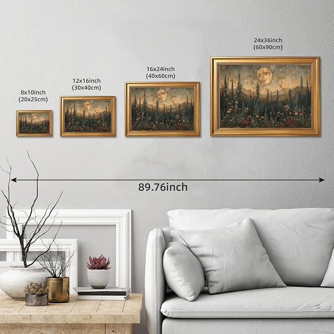 Vintage Nature Forest Wall Art Canvas Print Dark Moon Landscape Painting Woodland Wildflowers Picture Artwork Natural Scenery for Farmhouse Bedroom Living Room Wall Decor 24x36inch Golden frame