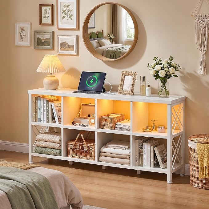 DurayLoly 8 Cube Storage Organizer with LED Light and Charging Station, Wood and Metal Cube Shelf as White Horizontal Book Shelf for Bedroom Home Office