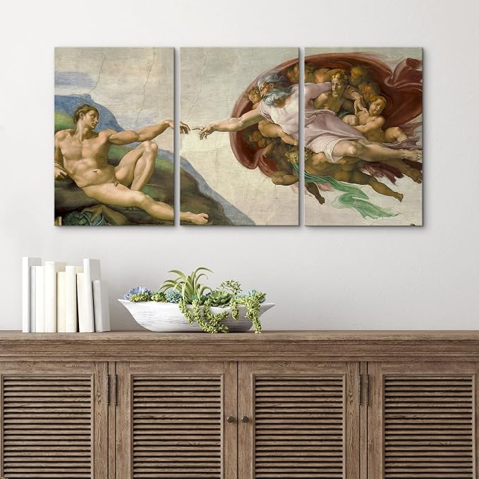 wall26 Canvas Print Wall Art Set Creation of Adam by Michelangelo Cultural Historic Oil Painting Fine Art Reproduction Scenic Colorful for Living Room, Bedroom, Office - 16"x24" x 3 Panels