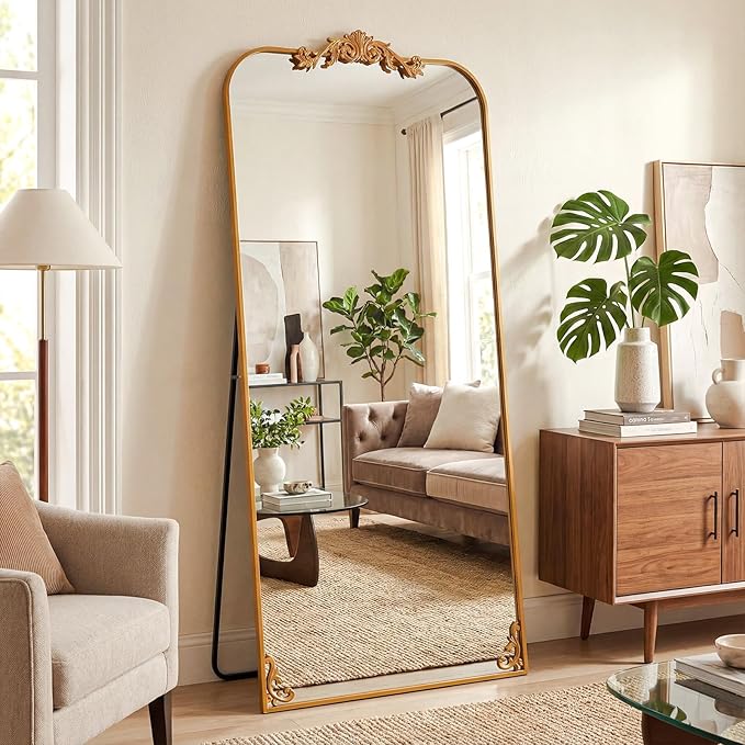 Antok Arched Full Length Mirror, 32"x71" Floor Mirror with Carved, Full Body Mirrors for HomeDecor, Large Wall Mirror with Corner Flower for Bedroom, Living Room, Gold, Luxury Style