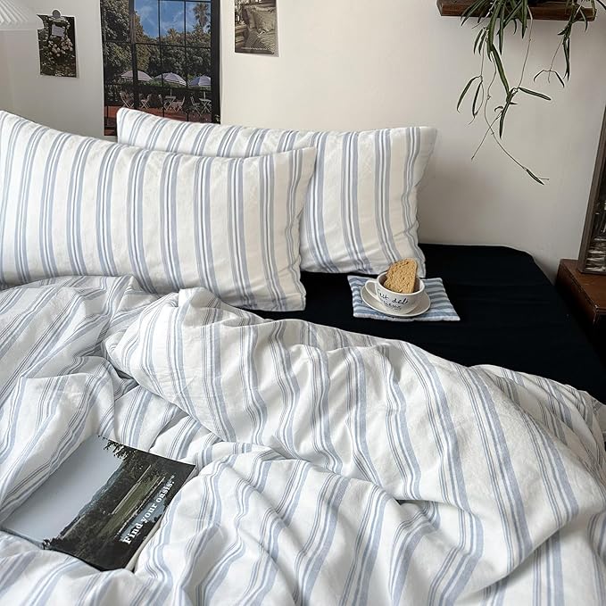 mixinni Vintage Blue & White Striped Duvet Cover Set - 3 Piece 100% Washed Cotton Queen Size Bedding | Minimalist Relaxed Style | Ultra Soft Breathable, with Zipper Closure & Corner Ties-Queen Size