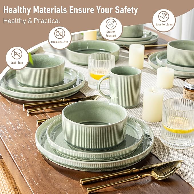 GBHOME 18-Piece Stoneware Dinnerware Set for 6 – Ribbed Ceramic Plates and Bowls, Scratch-Resistant, Microwave & Dishwasher Safe, Reactive Glaze, Light Green