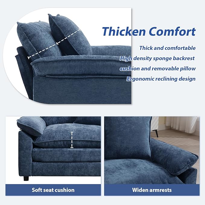 Modern Oversized Chair, Comfy Accent Chair Large Upholstered Armchair with Extra Thick and Deep Seat Lounge Chair for Living Room,Bedroom,Apartment, Chenille Blue
