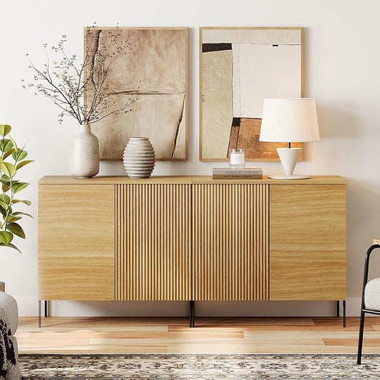WAMPAT 63" Sideboard Buffet Cabinet with 4 Doors and Adjustable Shelves, Fluted Storage Cabinet, Modern Credenza Coffee Bar Wine Bar Table for Kitchen, Dining Room, Living Room,Oak