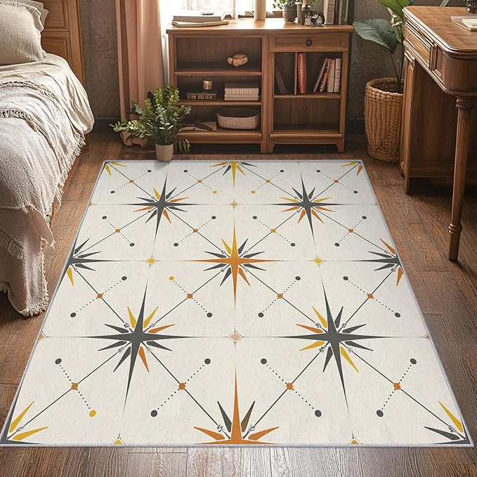 Atomic Rugs for Bedroom 6x9 ft, Mid Century Modern Area Rugs for Living Room, Washable Non Slip Low Pile Starburst Carpet, Home Decor PF-P 107