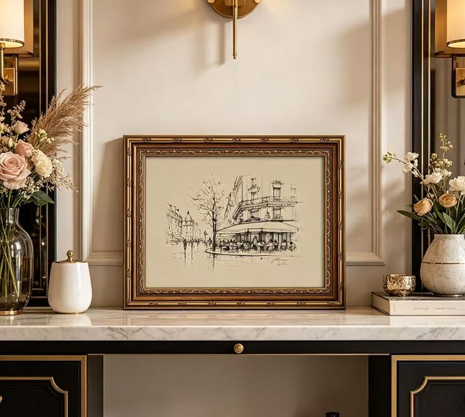 Vintage Gold Framed Black and White Sketch Wall Art French Cafe Sketch Canvas Prints Retro Paris City Landscape Poster Artwork French Bistro Wall Decor for Dining Room Kitchen Urban Decor12x16in