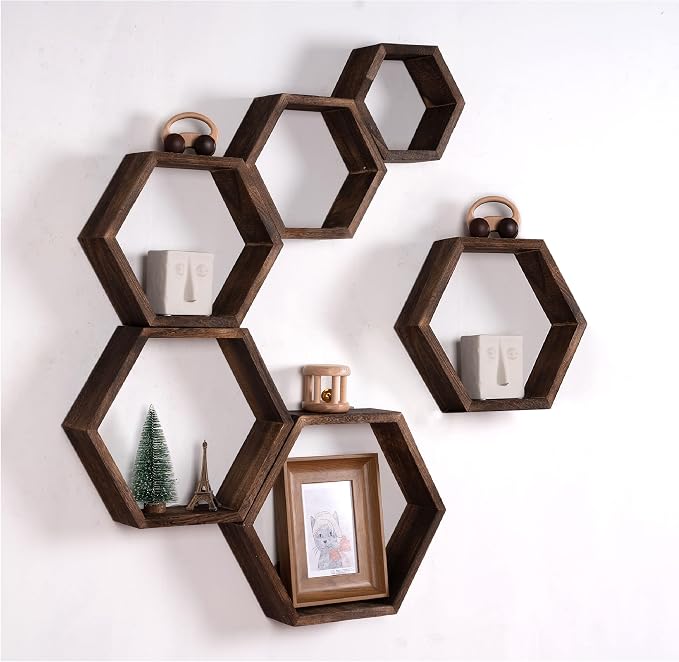 WONFUlity Hexagon Floating Shelves Honeycomb Shelves Wall Mounted Wood Farmhouse Storage Wall Shelf for Bathroom, Kitchen, Bedroom, Living Room,Driftwood Finish Decor,Dark Brwon