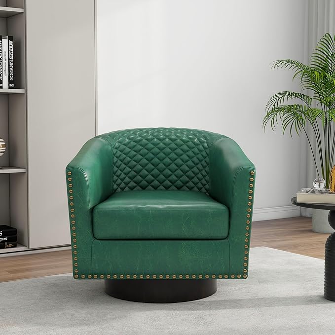 Swivel Barrel Accent Chair, Comfy Modern Upholstered Round Faux Leather Arm Chair for Living Room, Bedroom（Green, Set of 2