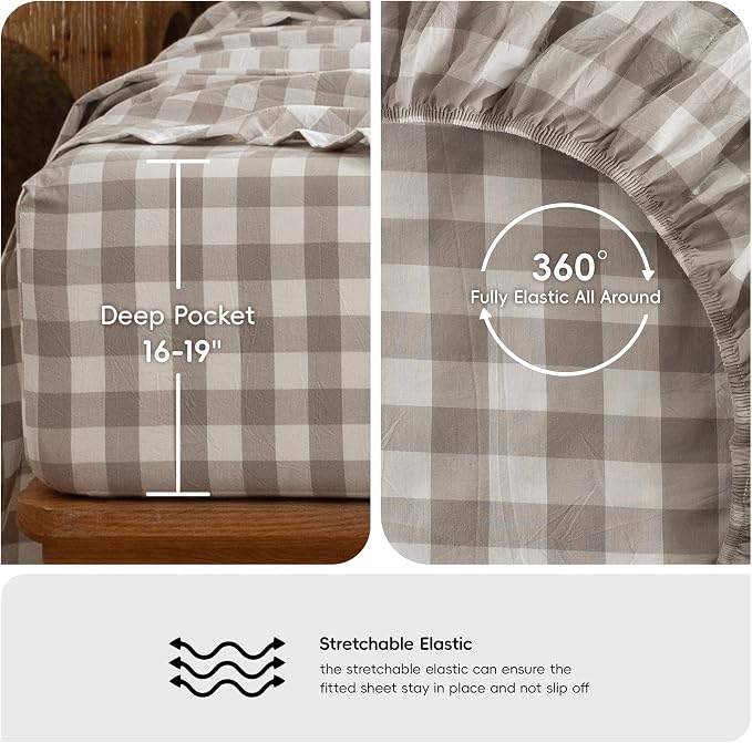 MooMee Gingham Sheet Set 100% Washed Cotton Linen Like Textured Breathable Soft w/Fully Elasticized 16-19" Deep Pocket (Buffalo Plaid Tannish Linen Grey, Queen)