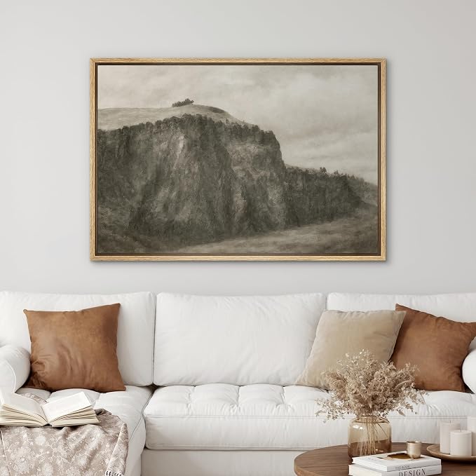 SIGNWIN Framed Canvas Print Wall Art Misty Cliffside Landscape Neutral Sepia Mountain Scene Illustrations Minimalism Decorative Boho Retro for Living Room, Bedroom, Office - 24"x36" Natural