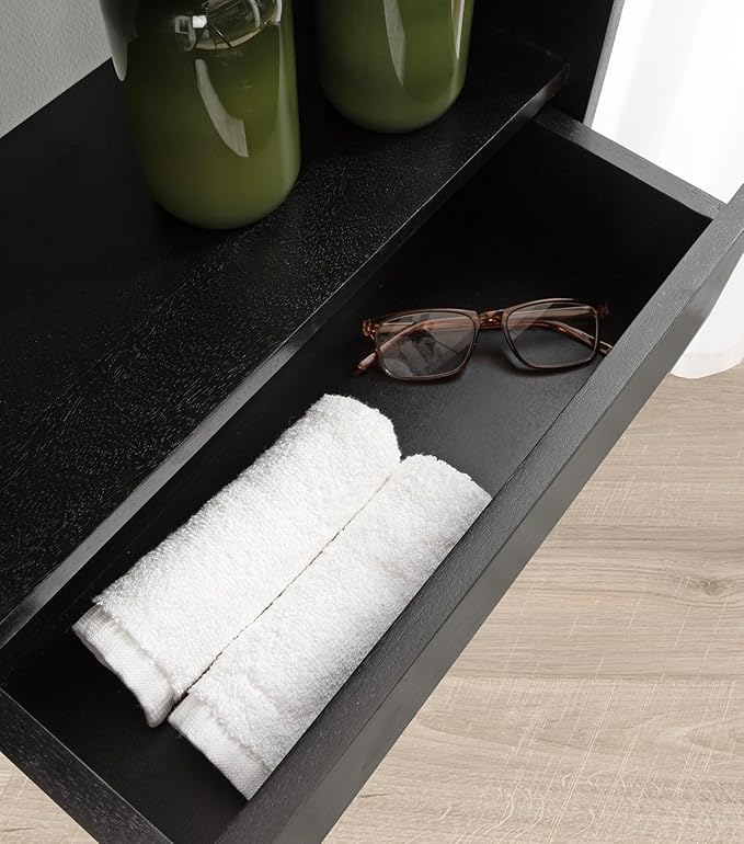 Kate and Laurel Kato Modern Wall Shelf with Drawer; 18 x 24; Black; Decorative Over The Toilet Shelf for Use as Bathroom Storage or Living Room Display Shelf