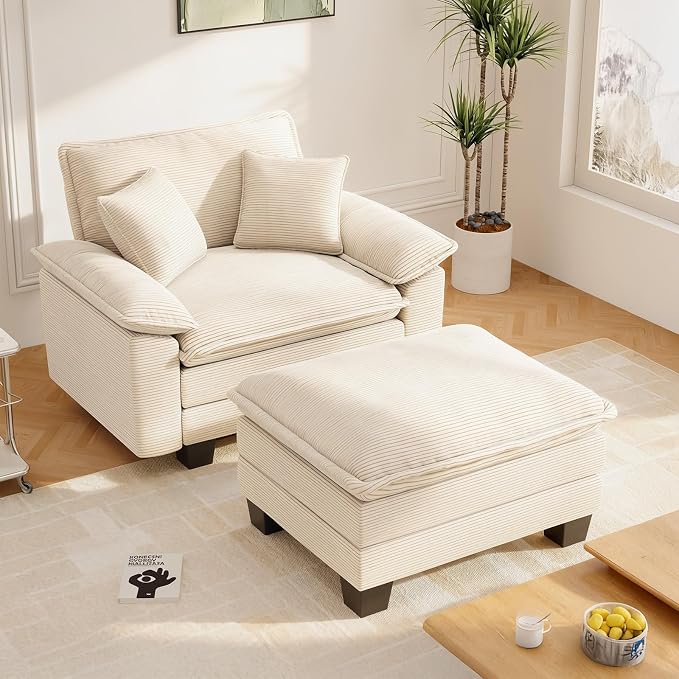 Chaise Lounge Chair Indoor, Oversized Accent Chairs with Ottoman, Luxury Corduroy Upholstered Deep Seat Sleeper Sofa Reading Chairs and A Half with Pillows for Living Room, Bedroom, Apartment,Beige