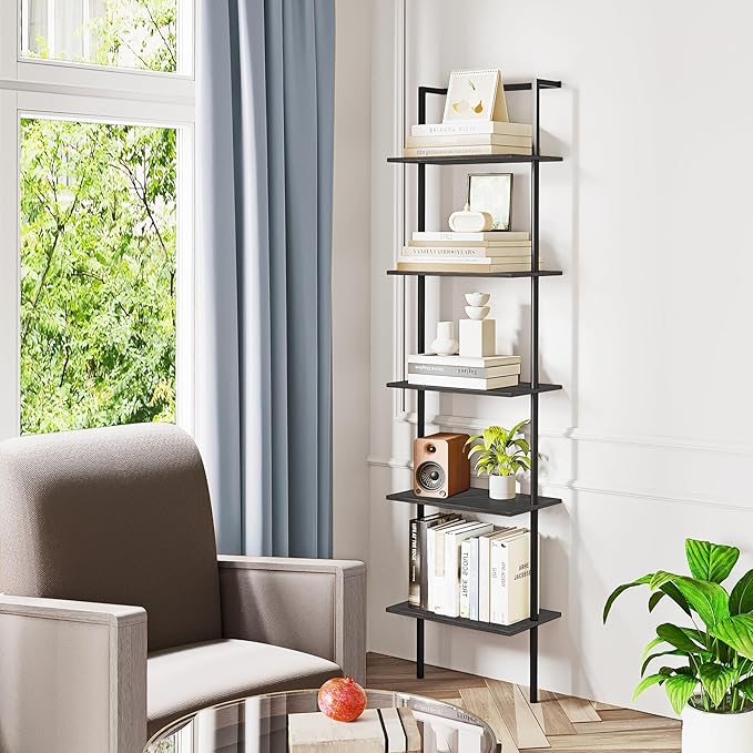 5-Tier Ladder Shelf, Wall Mounted Ladder Bookshelf with Metal Frame, Wood Tall Open Storage Rack and Display Shelves for Home Office Bedroom Living Room, Black