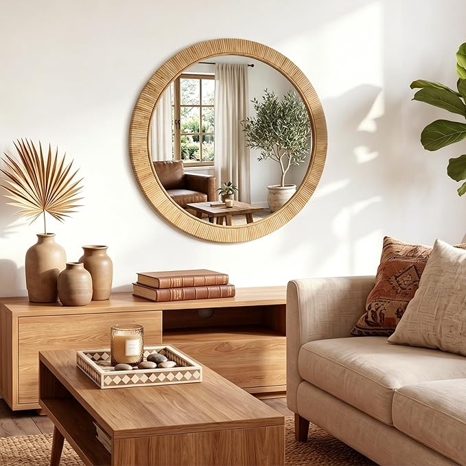 26"x26" inch Large Round Rattan Mirror for Wall, Boho Decorative Wicker Mirror Waterproof Synthetic Rattan Frame, for Bathroom, Bedroom, Living Room, Entryway