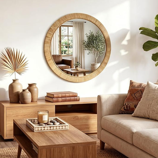 26"x26" inch Large Round Rattan Mirror for Wall, Boho Decorative Wicker Mirror Waterproof Synthetic Rattan Frame, for Bathroom, Bedroom, Living Room, Entryway