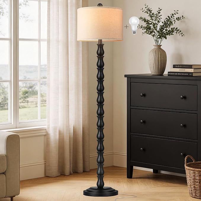 63.5" Rustic Floor Lamp for Living Room, Farmhouse Floor Lamp with Rotary Switch & Linen Shade, Vintage Resin Tall Standing Lamp for Bedroom Corner Office Home Decor, Black (LED Bulb Included)