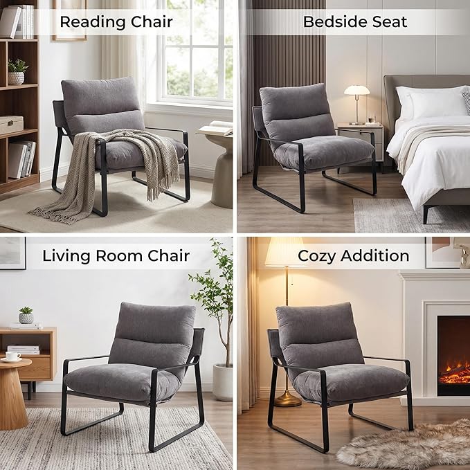 LukeAlon Modern Linen Accent Armchair, Upholstered Living Room Chair with Metal Base Thickened Cushion Single Sofa Chair Comfy Lounge Chair for Bedroom Living Room, Grey