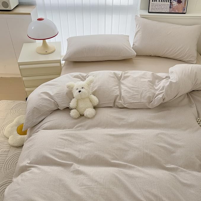 mixinni Tan Striped Duvet Cover King Size - 100% Washed Cotton Beige Pinstripe Comforter Cover with Zipper Closure, Lightweight & Breathable, 3 Pieces Minimalist Stripes Pattern Printed Bedding Set