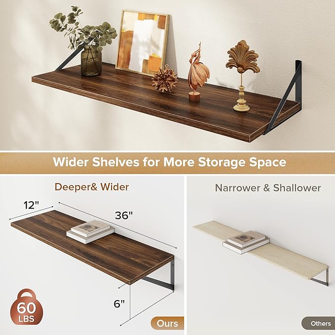 Deep Floating Shelves Wall Mounted, 36"x12" Walnut Wall Shelves with Brackets Set of 2 for Bedroom, Living Room, Bathroom, Kitchen, Office - Storage & Display Shelf for Decor, Books, Plants