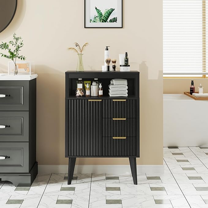 Black Bathroom Floor Cabinet with 3 Fluted Drawers & Door, Modern Storage Sideboard with Open Shelf, Coffee Bar Station for Living Room, Entryway, 23.6 x 11.8 x 34.6 Inches