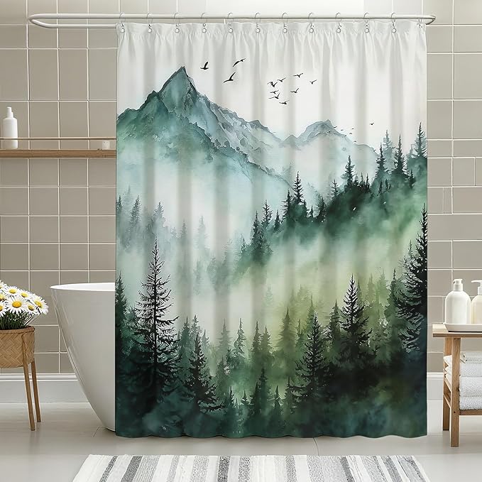 Mountain Tree Shower Curtain Watercolor Landscape Shower Curtains for Bathroom Waterproof Fabric Bath Curtain Decor with Hooks