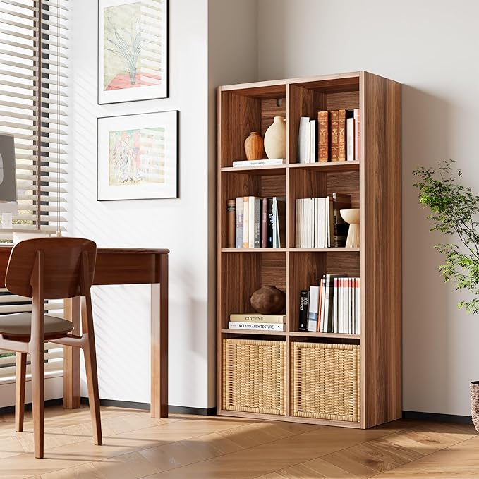 IRONCK Bookshelf, 8-Cube Storage Cube Shelf Organizer, Extra Thick Frame Horizontally & Vertically Reversible Bookcase with Open for Living Room, Bedroom, Home Office, Oak Brown