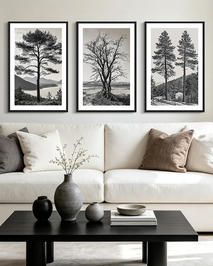 KUVIOKE Vintage Tree Framed Canvas Wall Art Black and White Retro Antique Forest Drawings Nature Wilderness Sketch Wall Painting Modern Decor 16x24in (Black Framed)