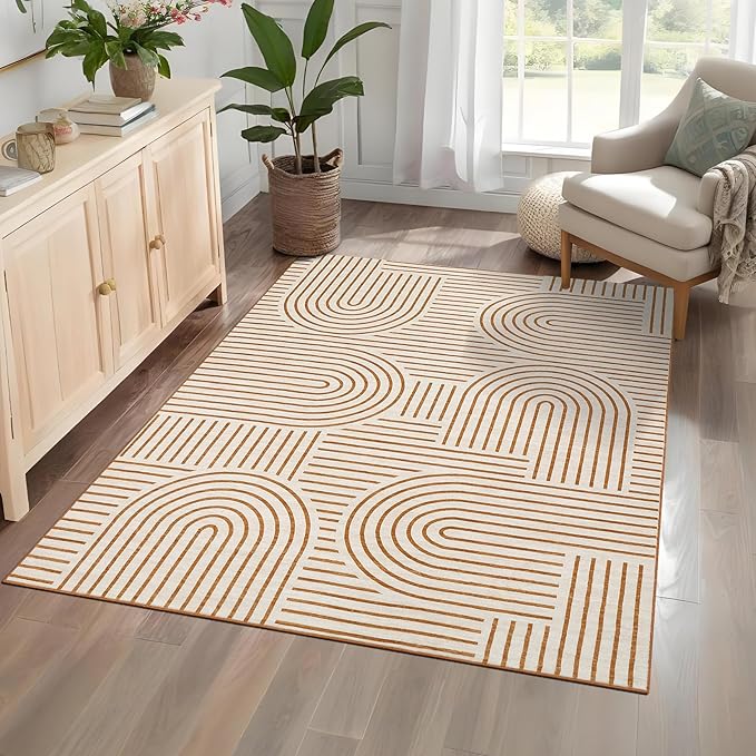 Washable Rug 4x6 Area Rugs for Living Room, Abstract Rug for Bedroom, Soft Rainbow Non Slip Throw Rugs with Rubber Back, Low Pile Stain Resistant Boho Geometric Carpet for Dining Room,Orange