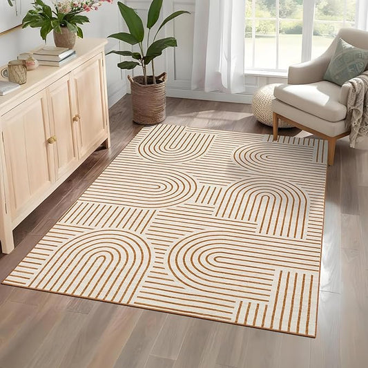 Washable Rug 4x6 Area Rugs for Living Room, Abstract Rug for Bedroom, Soft Rainbow Non Slip Throw Rugs with Rubber Back, Low Pile Stain Resistant Boho Geometric Carpet for Dining Room,Orange