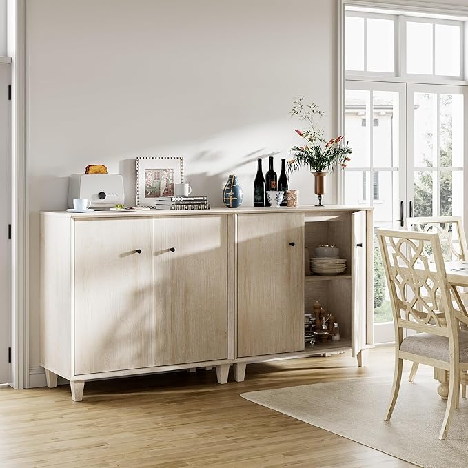 Sideboards Buffet Cabinet 2 in 1 Wide Credenza Buffet Table with Adjustable Shelf, Modern Kitchen Accent Cabinet with Storage Compartments for Dining Room Living Room, Hallway, Light Oak