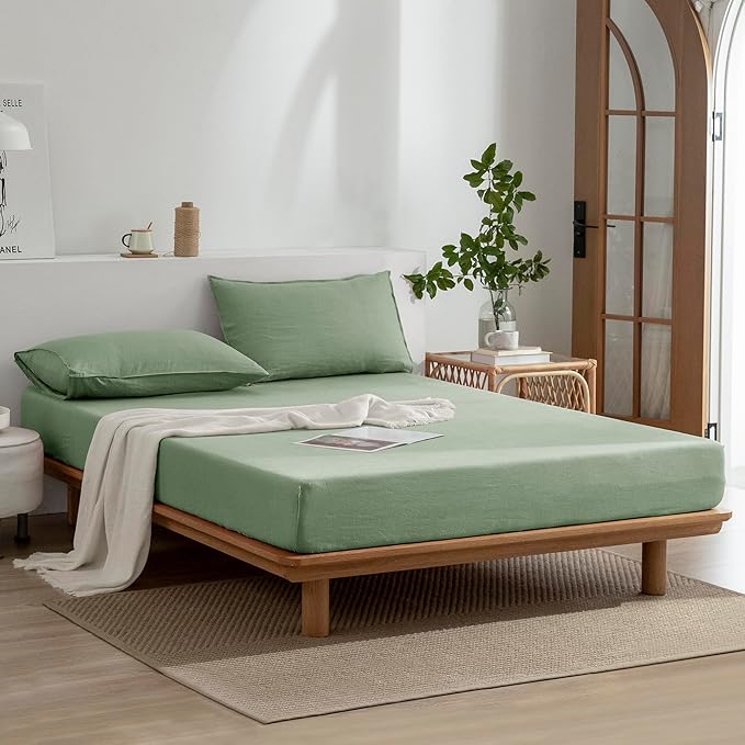 EVERLY Linen Sheets Set Full Size,100% French Stonewash Pure Linen Sheets Set,4Pieces (1Flat Sheet,1Fitted Sheet,2Pillowcase) Suitable for Hot Sleepers,Deep Pocket Natural Bedding Set-Saga Green