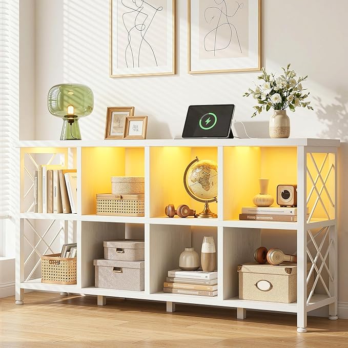 DurayLoly 8 Cube Storage Organizer with LED Light and Charging Station, Wood and Metal Cube Shelf as White Horizontal Book Shelf for Bedroom Home Office