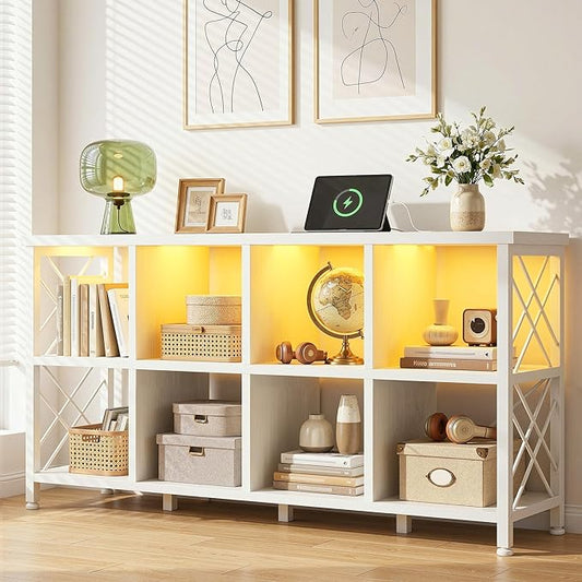 DurayLoly 8 Cube Storage Organizer with LED Light and Charging Station, Wood and Metal Cube Shelf as White Horizontal Book Shelf for Bedroom Home Office