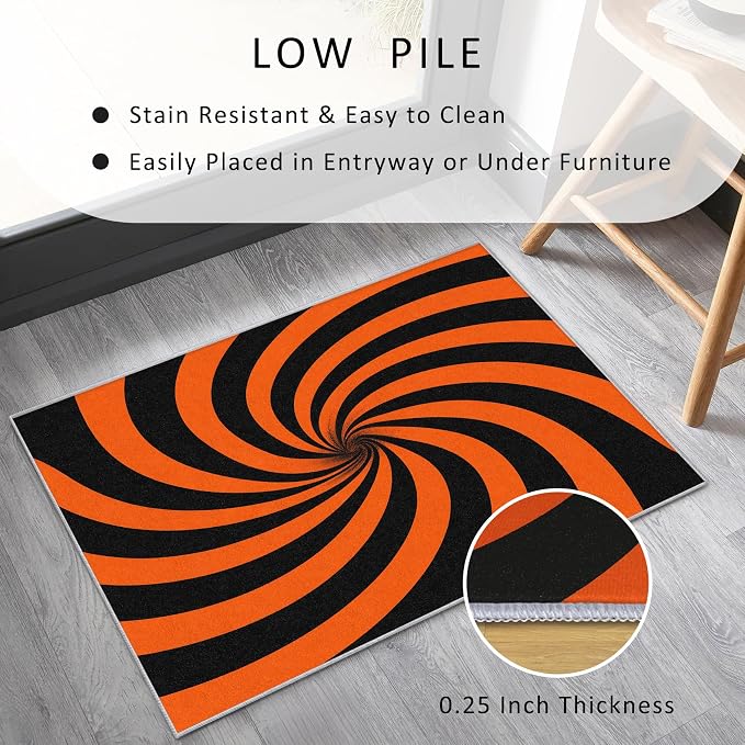 70s Rug 5x7 Swirl Abstract Black Orange Striped Pattern Area Rugs for Living Room, Bedroom, 70s Home Decor Accessories Indoor Carpet, Non Slip & Machine Washable, GD0376
