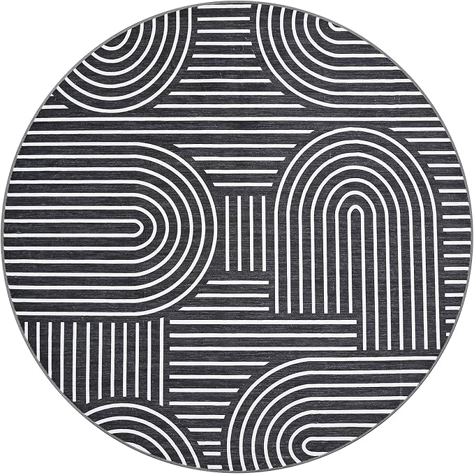 Washable Rug 4ft Area Rugs for Living Room, Abstract Rug for Bedroom, Soft Rainbow Non Slip Throw Rugs with Rubber Back, Low Pile Stain Resistant Boho Geometric Carpet for Dining Room,Black