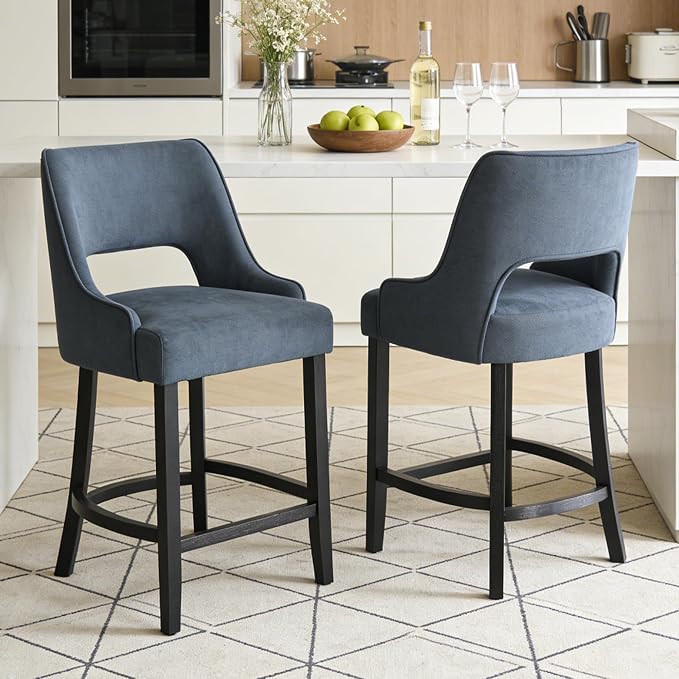 ClinQ Bar Stools Set of 6, 26" H Counter Height Bar Stools with Backs, Modern Upholstered Accent Barstools with Curved Footrest for Kitchen Island, Dining Room and Bar, Navy-Black Legs