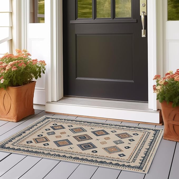 2' x 6' (Runner) Runner Rug,Washable Retro Farmhouse Style Geometric Diamond Non-Slip Kitchen Runners - Low-Pile Distressed Runners Rug for Living Room Or Study Room Laundry Room Bedroom Beige