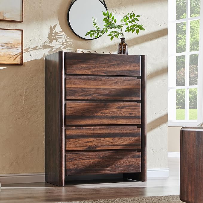 Modern 5 Drawers Dresser for Bedroom, 43" Tall Dresser & Chests of Drawers w/Rounded Corner, Wood Handleless Dresser w/Large Storage & Natural Texture for Bedroom, Living Room-Brown