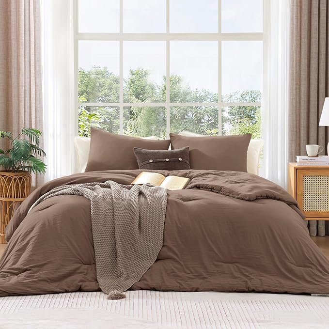 WRENSONGE Queen Comforter Set - 3 Pieces Prewashed Brown Comforter Soft Lightweight for All Seasons,Down Alternative Comforters Queen Size with 2 Pillow Shams