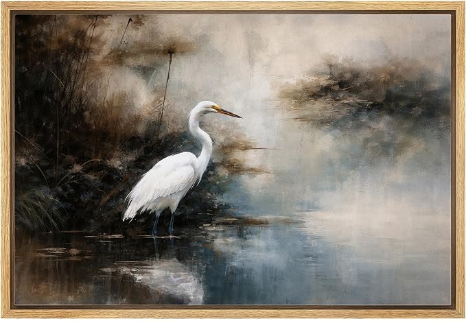 MUDECOR Framed Canvas Print Wall Art White Egret by Misty Waters Nature Landscape Illustrations Minimalism Decorative Bohemian Zen for Living Room, Bedroom, Office - 24"x36" NATURAL
