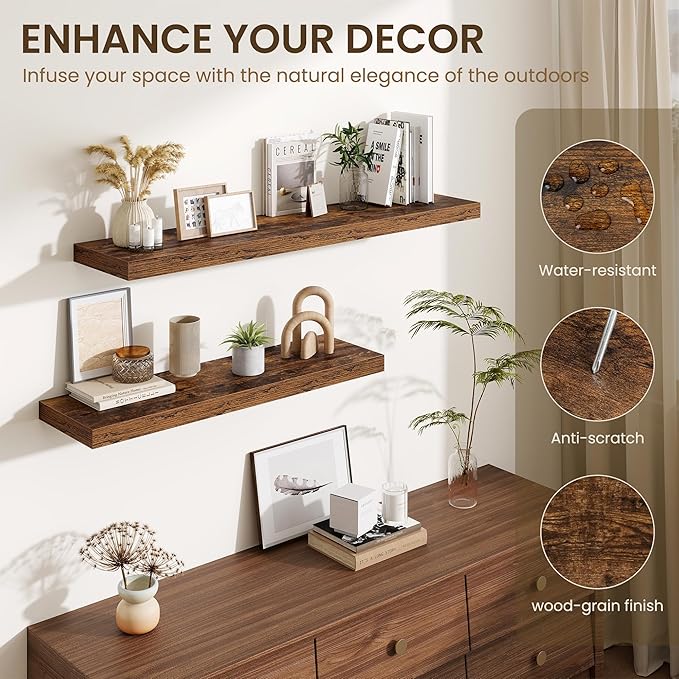 Fun Memories 24 Inch Floating Shelves Wall-Mounted, 10 Inch Deep Wall Shelves, 24 x 10 Floating Shelf for Living Room Bathroom Bedroom, Rustic Brown, Set of 2