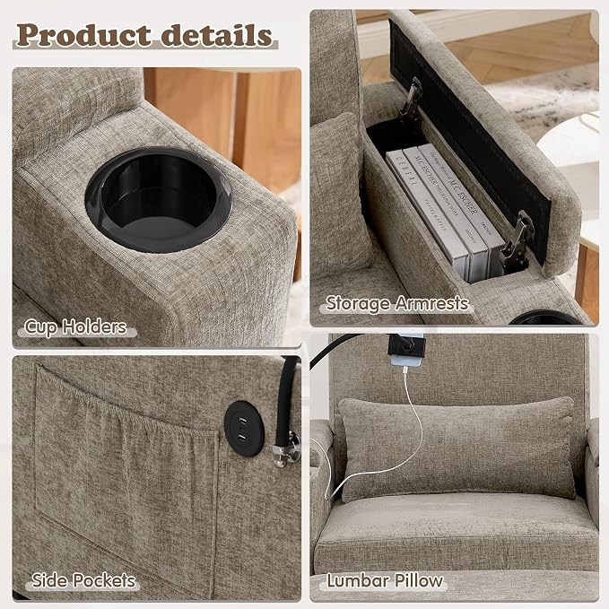 Small Chaise Lounge Chair Indoor with Ottoman&Adjustable Backrest,Chenille Tufted Recliner Comfy Sofa Chair with USB,Phone Holder&Storage Arms,Convertible Sleeper Couch Bed for Living Room(37"W,Brown)