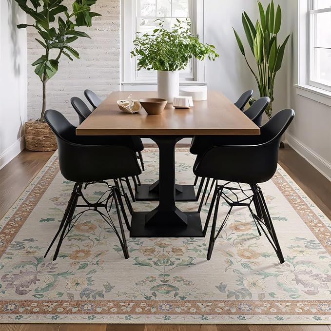 MUJOO 8x10 Area Rugs Washable,Large Floral Rugs for Living Room Bedroom Dining Room,Boho Indoor Floor Rug Non Slip Throw Carpet Low Pile Vintage Beige