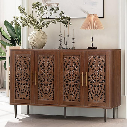 ARTPOWER 47.8" Accent Cabinet with 4 Doors, Vintage Hollow Carving Buffet Cabinet, Sideboards and Buffets with Storage, Credenza for Living Room, Kitchen, Dining Room, Entryway, Hallway, Brown