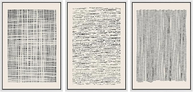 SIGNWIN Framed Canvas Print Wall Art Set Geometric Dark Black Grid Wave Pattern Abstract Shapes Cozy Neutral Modern Art Decorative Contemporary for Living Room, Bedroom, Office - 16"x24"x3 White