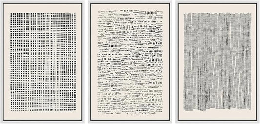 SIGNWIN Framed Canvas Print Wall Art Set Geometric Dark Black Grid Wave Pattern Abstract Shapes Cozy Neutral Modern Art Decorative Contemporary for Living Room, Bedroom, Office - 16"x24"x3 White