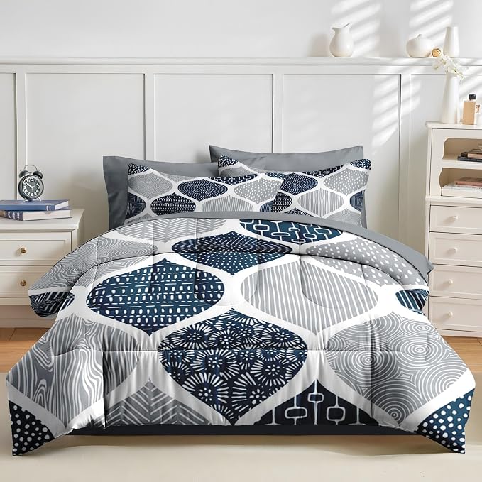 Nesker Comforter Set Full Size, Boho Bohemian Abstract Blue Gray 7 Pcs Bedding for Kids and Adults, Indigo Geometry Grey Bed Sheet Sets with Fitted Sheet 2 Pillowcases & 2 Shams